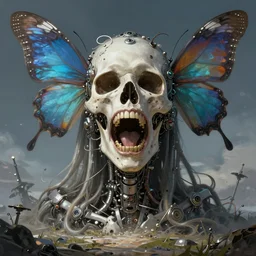 death is swallowed up in victory, very detailed and beautiful face, screaming with fear, mechanical butterfly, artwork by artgerm, centered shot, wide angle, full body, islandpunk, solarpunk, fantasy, highly detailed, digital painting, artstation, smooth, sharp focus, art by thomas kinkade and h. r. giger and yusei uesugi
