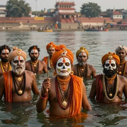 a group of sadhus bathing in the ganges in allahabad during the maha kumbh mela, india, face paint, skull jewelry, highly composed, iintricate detail, cinematic, dramatic lighting