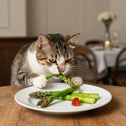 a cat that eats asparagus, gourmet restaurant, 1912