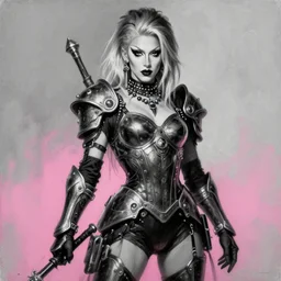 a portrait of a drag queen fantasy warrior, high fantasy character design, black and white, pink gradient, futuristic punk rock fashion, oil painting by clayton henry, sharp focus, realistic, highly detailed, 8 k
