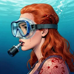 a profile photo of a  jessica chastain woman with a diving oxygen mask with side profile blood in ocean intricate details by MARVEL comics and Sandra Chevrier-C