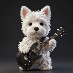 a high detail shot of an  Anthropomorphic west highland white terrier as a heavy metal guitarist, photorealism, volumetric lighting, epic lighting, artstation, hd