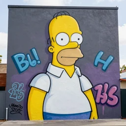 homer simpson graffiti, ignorant style, huge mural, 4k, canon, trending