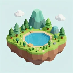a floating island with lake sorapis landscape isometric art, low poly art, game art, artstation, 3D render, high detail, cgsociety, octane render, sharp focus