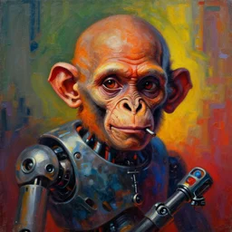 brutalist ambient atmospheric demon evil gandhi robot monkey oil painting portrait, symbolic, volumetric lighting, award - winning, perfection, ambitious, ambient occlusion, vibrant, 4 k hd, grainy,