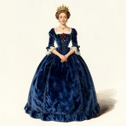 1 9 th century queen dessed in a [ [ [ / velvet blue / colored ] ] ] dress, illustration by ritkowski