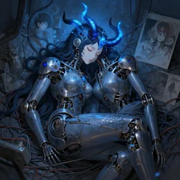 detailed, sharp, sleeping humanoid female automata with glowing blue horns wearing gothic ornament surrounded by wires by Ilya Kuvshinov and Anna Dittmann and studio ghibli and WLOP and Rossdraws, digital art, surreal, trending on artstation, anime arts, featured on Pixiv, blue lighting, HD, 8K, highly detailed, good lighting, beautiful, epic, masterpiece