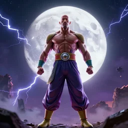 full shot of Dwayne Johnson as Supa Saiyajin Broly at moonlight, lightning bolt, apocalyptic background, by Akira Toriyama, high detail, unreal engine 4k, volumetric light