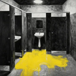 high quality noir painting of a public bathroom filled with yellow liquid, by greg rutkowski, mainly black and white colour scheme, textured grunge aesthetic