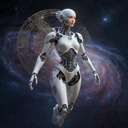an anthropomorphic artificial intelligence floating in universe, female, machine, intricate, highly detailed, digital painting, artstation, concept art, smooth, sharp focus, illustration, unreal engine 5, 8 k, art by artgerm and greg rutkowski and alphonse mucha
