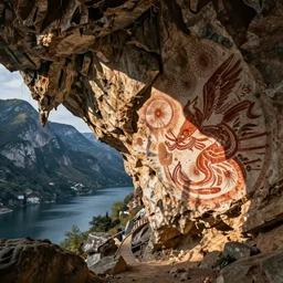 lakeside mountains, cave painting