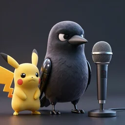 high quality 3 d render very cute cyborg crow! next to shure 5 5 s microphone!, cyberpunk highly detailed, unreal engine cinematic smooth, in the style of blade runner & detective pikachu, hannah yata charlie immer, moody light, low angle, uhd 8 k, sharp focus