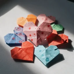 a few colorful broken heart origamis in a pile, shot on an iphone