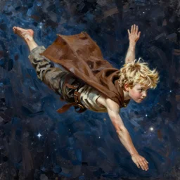 blonde boy wearing a brown cape and flying in t pose, space background, realistic, oil painting, brush strokes, greg rutkowski