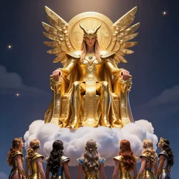 the new aeon horus sits on a cloud throne commanding his followers below, lisa frank pattern best image ever highest detail most thoughtful award winning