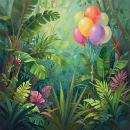 a painting of tropical plants and balloons by lisa frank, behance, airbrush art, digital painting