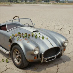 closeup of rusty shelby cobra, vine covered, desert, cracked dry lake bed, by Zdzislaw Beksinski, Norman Rockwell, al duke, highly detailed, soft lighting, film grain, 8k resolution, hd, oil on canvas