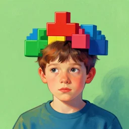 surreal portrait of a boy with a tetris game in her head by storybook illustrators, blunt borders, rule of thirds, vibrant colors, emotional