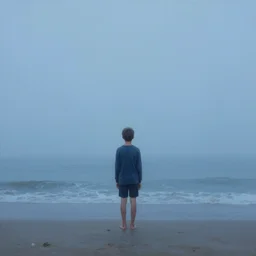 atmospheric dreamscape painting of a boy standing on the beach on a foggy day, by moebius and john harris, atmospheric blues, concept art, saturation 40