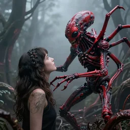 a humanoid parasite attacking a woman, bright red and black, highly detailed, dark, evil, branches realistic, foggy scene
