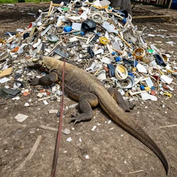 one large komodo dragon on a leash sleeping next to a very large mound of trash, papers, junk, and metal parts