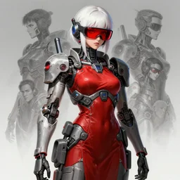 anime keyshot of a robocop girl with white hair, red dress, red vr glasses, rough techwear, detailed portrait, intricate complexity, by takato yomamoto, katsushiro otomo, artgerm, ross tran, conrad roset, ilya kuvshinov