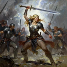 A full portrait oil painting of a berserker woman holding a claymore above her head and running into battle, elven armor, by Frank Frazetta, Greg Rutkowski, Boris Vallejo, epic fantasy character art, Exquisite detail, post-processing, low angle, masterpiece, cinematic, lightning