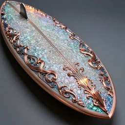 surf board by sculptor robin wight sparkles, shine glimmer, metallic colors, glass, oxidized copper led light, highly detailed and intricate, hdr, hyper detailed, intricate, elite, ornate, elegant, luxury, focus, unreal engine, trending on artstation, octane, trending on deviantart weta digital, micro details, 3 d sculpture, structure, ray