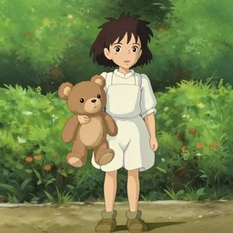 a young girl standing in the garded with a teddy bear, anime by Studio Ghibli, realistic, by Hayao Miyazaki