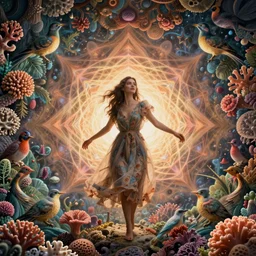 ridiculously beautiful young woman tripping, thinking, psychedelics, nature, coral, birds, symmetrical, in the style of ernst haeckel, effervescent, sacred geometry, warm, surrealism, photo realistic, epic and cinematic,