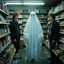 a ghost at the store, water caustics, film still from the movie directed by denis villeneuve and david cronenberg with art direction by h. r. giger and patrick faulwetter