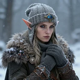 character art of a high - elf in a winter storm, wearing a warm knitted hat and mittens, dnd character art, world of warcraft, wow, fantasy concept art, highly detailed, intricate, by greg rutkowski