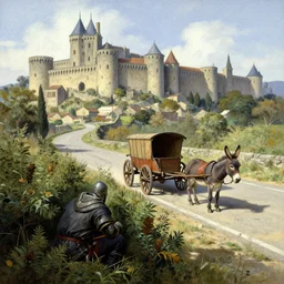 medieval thief hiding in the bushes close to a road near city of carcassonne, there are is a wagon with a donkey on a road by stanley artgerm lau, wlop, rossdraws, frank frazetta, andrei riabovitchev, marc simonetti, tranding on artstation