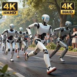 running robots in a marathon, works by artgerm, greg rutkowski and alphonse mucha, unreal engine 5, 4 k uhd
