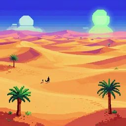 sahara desert, colorful, fantastic lighting, pixel art, 1 6 bits, 2 d