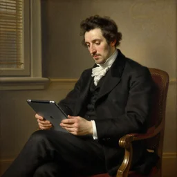 Rembrandt painting. A handsome man sitting in his penthouse suit using an iPad.