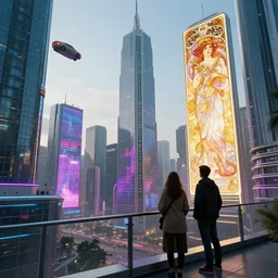 a city in the future | tall skyscrapers | flying cars | giant digital billboards | a couple stands on a balcony in the foreground | modern man modern woman | they look out over the futuristic city this is also our pov | a touch of cyber punk a touch of synthwave | by greg rutkowski alphonse mucha gustav klimt mel ramos and john berkey | golden ratio
