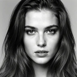 beautiful woman head, seductive, facing the camera, long hair, closeup, a black and white photo by robert mapplethorpe, tumblr, naturalism, black and white, contrasting, photocopy