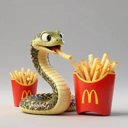 a commercial with a 3d rendered snake spitting french fries, commercial, 3d render, Mc donalds, 4k, sharp, by Beeple, Octane Render, cinema 4d