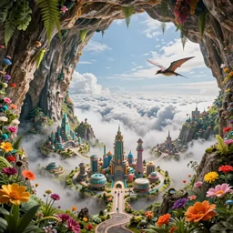 an ultra - realistic massive volume cave : 5, ; bright coloured natural flowers and ferns : 1 ; miniature tiny futuristic city : 3 ; endless plain with mysterious clouds : 2, highly symmetrical, a pterodactyl flying, octane render hd, 4 k, ultra - realistic, in unreal engine, trending on artstation, concept art