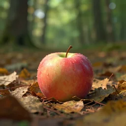 An apple laying in the leaves in a forest, octane render, volumetric lighting, depth of field, ambient occlusion, 4K