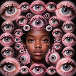 eyes!! a black girl!! with many eyes!, surreal art by colin christian and junji ito and mc escher and ian miller, faberge eyes, trypophobia! eyes, eyes everywhere, symmetry, eyes!, homicidal eyes, ( hypnotic optical illusion )!, black and pink, chet zar, highly detailed, infinite intricacy