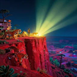 raphael lacoste, bastien grivet, ross tran, a junkyard ranch, tigers on a red dirt cliff, retrowave, neon colors night, intricate details in environment, meeting point, luminance, golden ratio, high aestehtic, cinematic light, dramatic light, godrays, distance, clear atmosphere, photobash, wideangle, bierstadt,