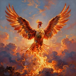 phoenix rising from the ashes, dream, sunset, colorful auspicious clouds, burning clouds, oil painting style
