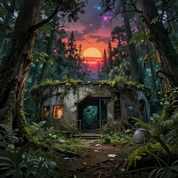 a beautiful detailed rendering of secret backroom urbex abandoned nature by alvaro siza ( alvaro siza vieira ), evil wilderness forest galactic sunset san andreas studio ghibli synthwave darkacademia dieselpunk, archdaily, wallpaper, highly detailed, trending on artstation.