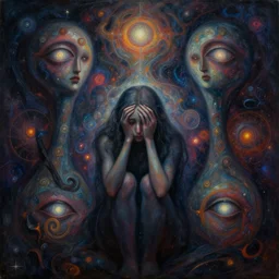 painful abstract surrealist forms by yvonne mcgillivray by mandy jurgens by michael divine, powerful eyes glowing highly detailed painting of deep sadness alone, spiritual abstract forms, expressive emotional sadness, symmetrical, trending on art station, abstract in emotional sadness expression, very very very beautiful, fantasy digital art, highly detailed patterned visionary art, magic symbols, by michael divine, cosmic nebula