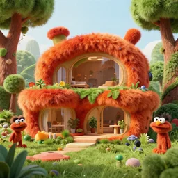 detailed architectural render of a futuristic home furry fuzzy muppets red orange greens shape hairy surreal atmosphere inspired by postmodernism lush fun hyperreal hyperdetailed 3 d samaritual 8 k real engine