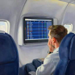 airplane watching worried a screen with flight information. painting by jacek malczewski, moebius