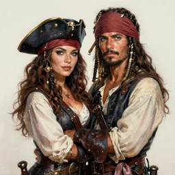 couple in love. fully clothed armed female pirate captain, rachel wall, with a male pirate partner, sun, summer, blue eyes, beauty, wisdom, love, strength, knowledge, smart, portrait, symmetrical, highly detailed, digital painting, artstation, smooth, sharp focus, illustration, strength, latino art. 8 k