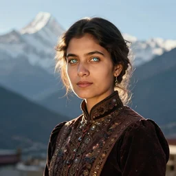hyper realistic and detailed vintage portrait photo of a beautiful beautifully lit nepalese Victorian woman with stunning reflective eyes standing in the sunshine with himalayan peaks behind her by annie leibovitz